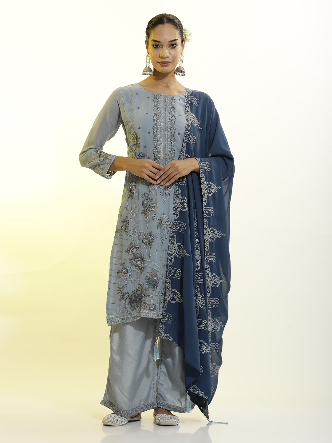 

Jaipur Kurti Heavy Embroidered Georgette Festive Kurta Set With Dupatta, Blue