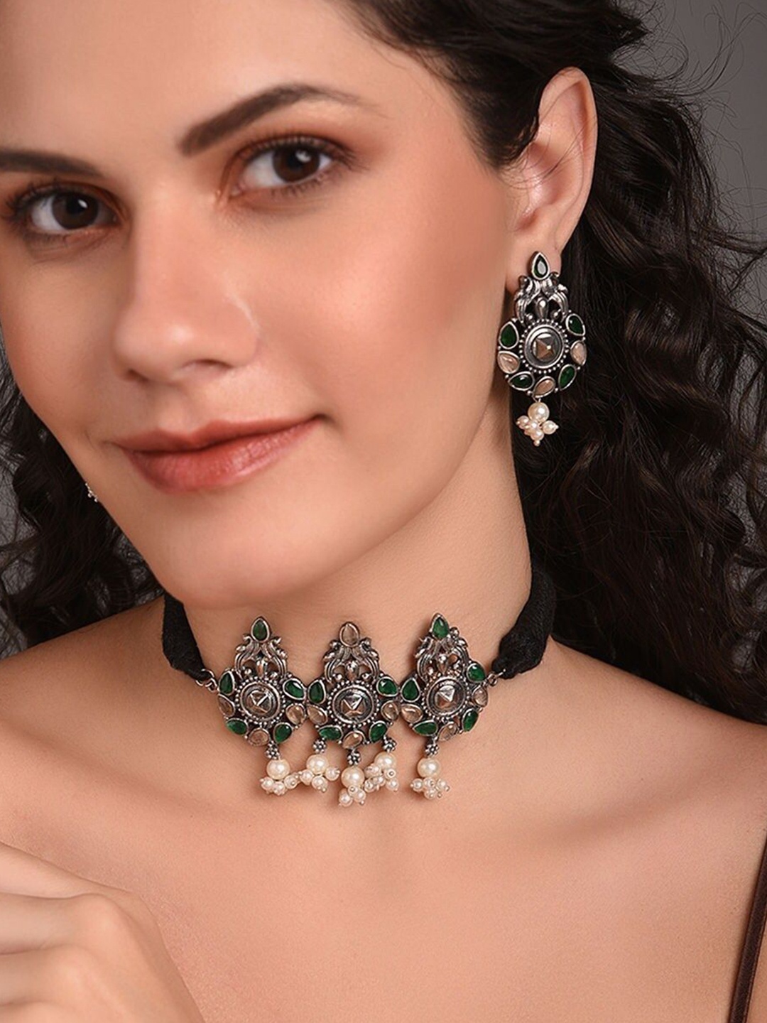 

JAYPORE Oxidised Silver Plated Necklace & Earrings