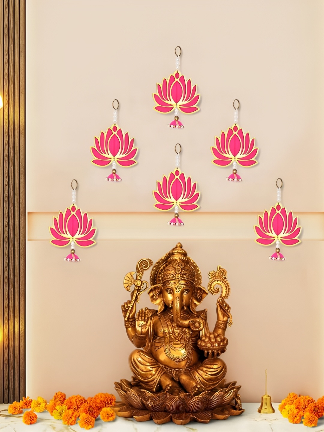 

Ascension Pink & Yellow 6 Pieces Wooden Lotus Hanging Toran Festive Decor