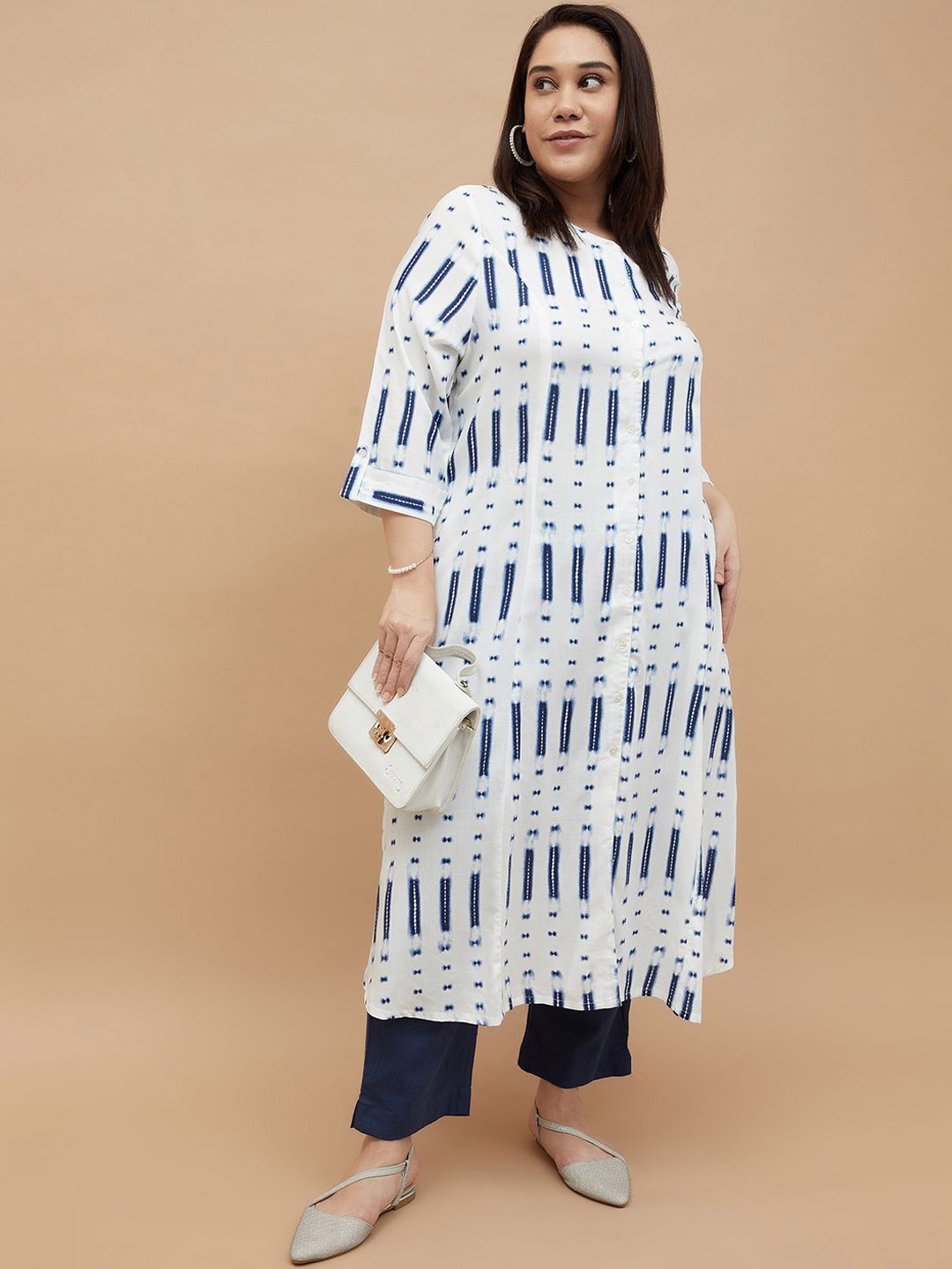 

Moiree by Lifestyle Plus Size Geometric Printed Round Neck A-Line Kurta, White