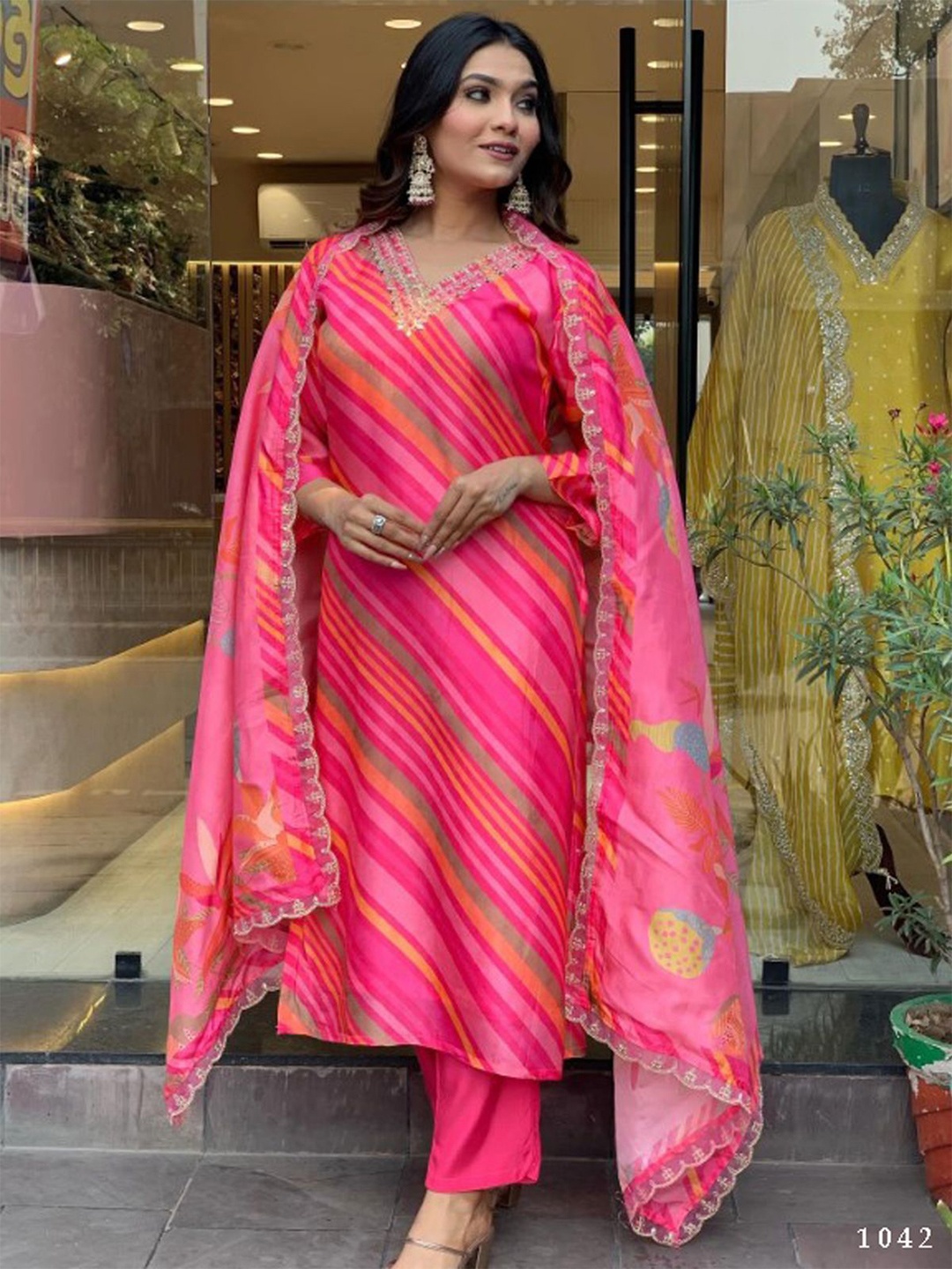 

ODETTE Striped Thread Work Straight Kurta with Trousers & With Dupatta, Pink