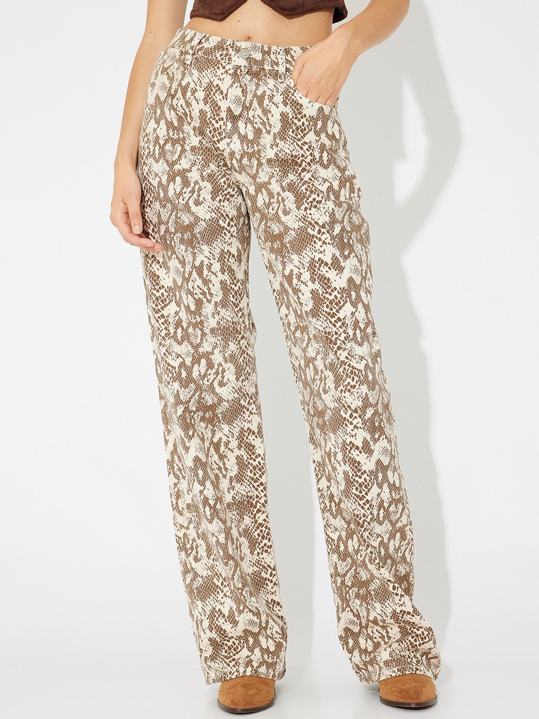 

Koton Women Animal Printed Straight Fit Trousers, Beige