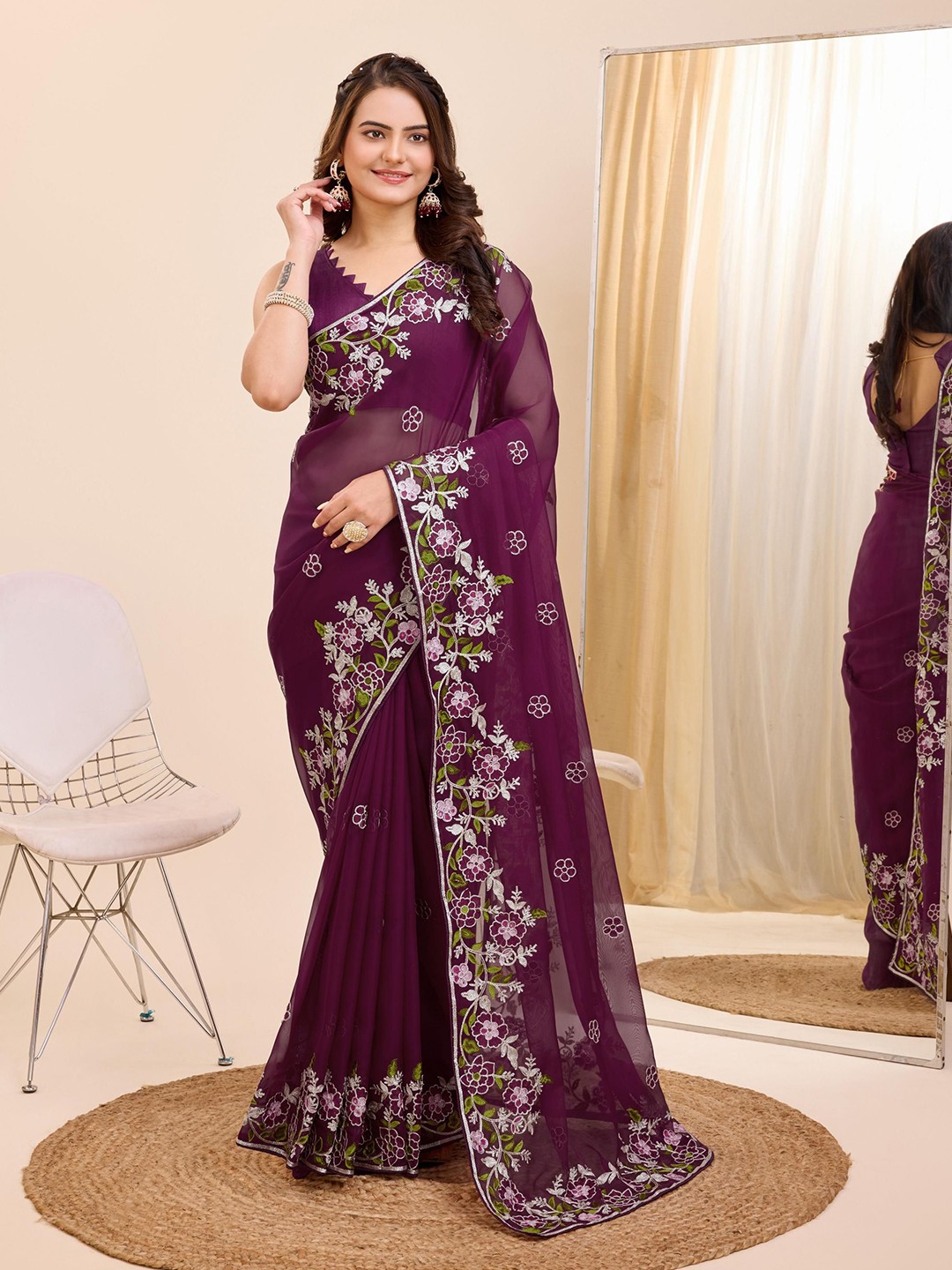 

VAIRAGEE Floral Embroidered Organza Ready to Wear Saree, Purple