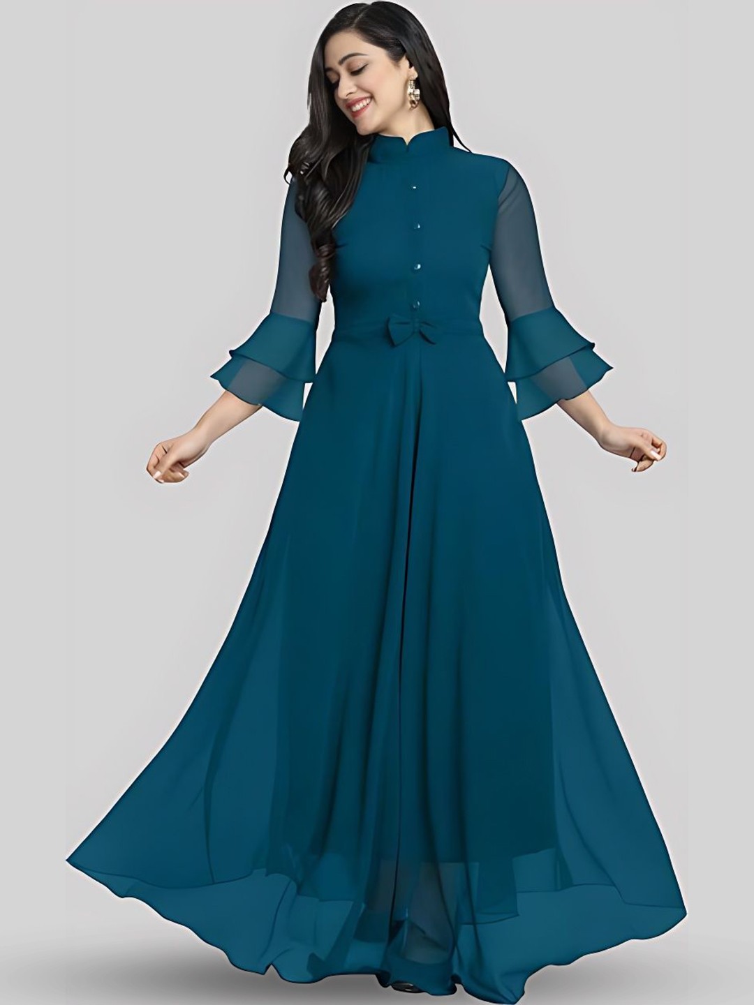 

Krunal Raiyani Women Bell Sleeve Applique Fit & Flare Maxi Dress, Blue