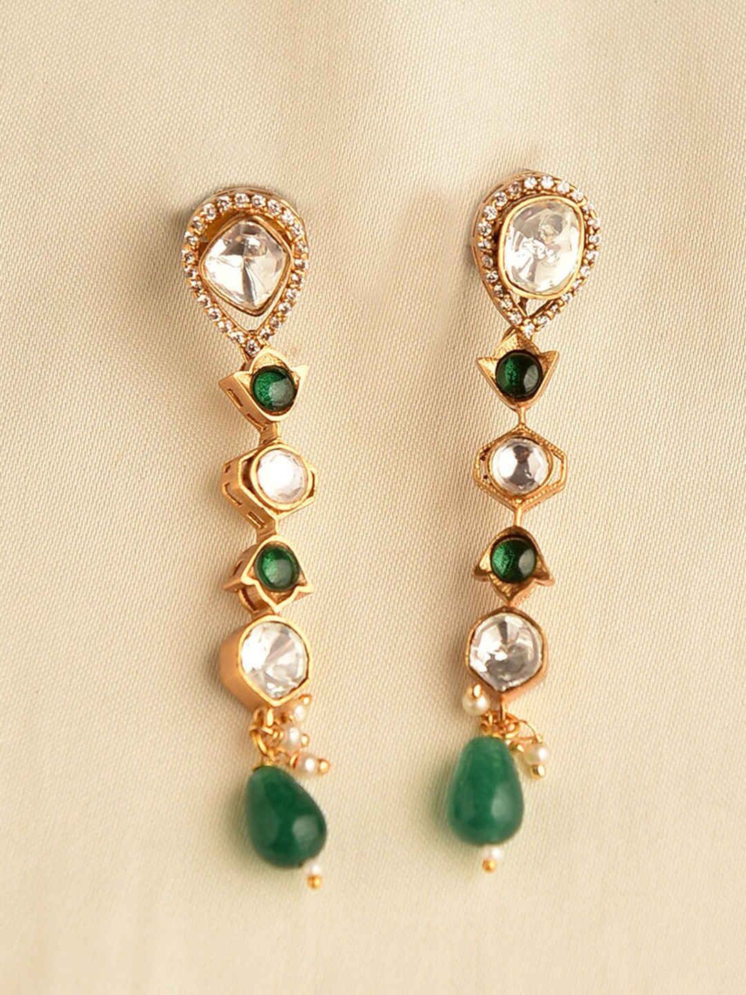 

JAYPORE Kundan Stone Studded & Beaded Contemporary Drop Earrings, Gold