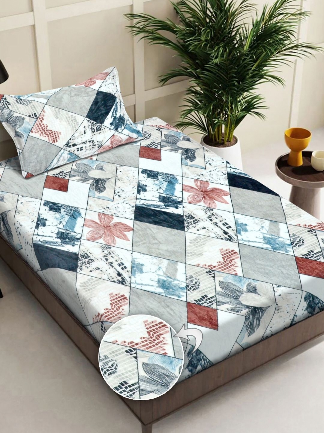

FABINALIV Blue Geometric 300 TC Single Bedsheet with 1 Pillow Covers 2.20 x 1.50 Mts