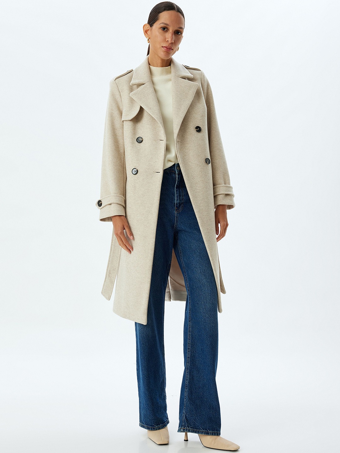 

Koton Double-Breasted Longline Overcoat, Beige