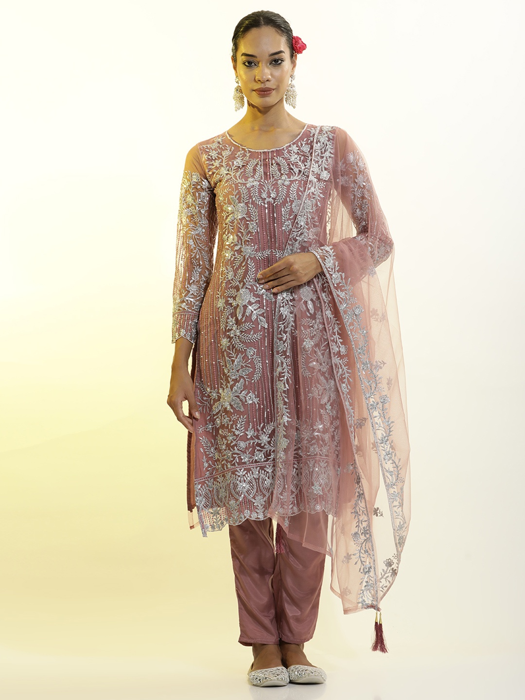 

Jaipur Kurti Heavy Embroidered Net Kurta Set With Dupatta, Pink