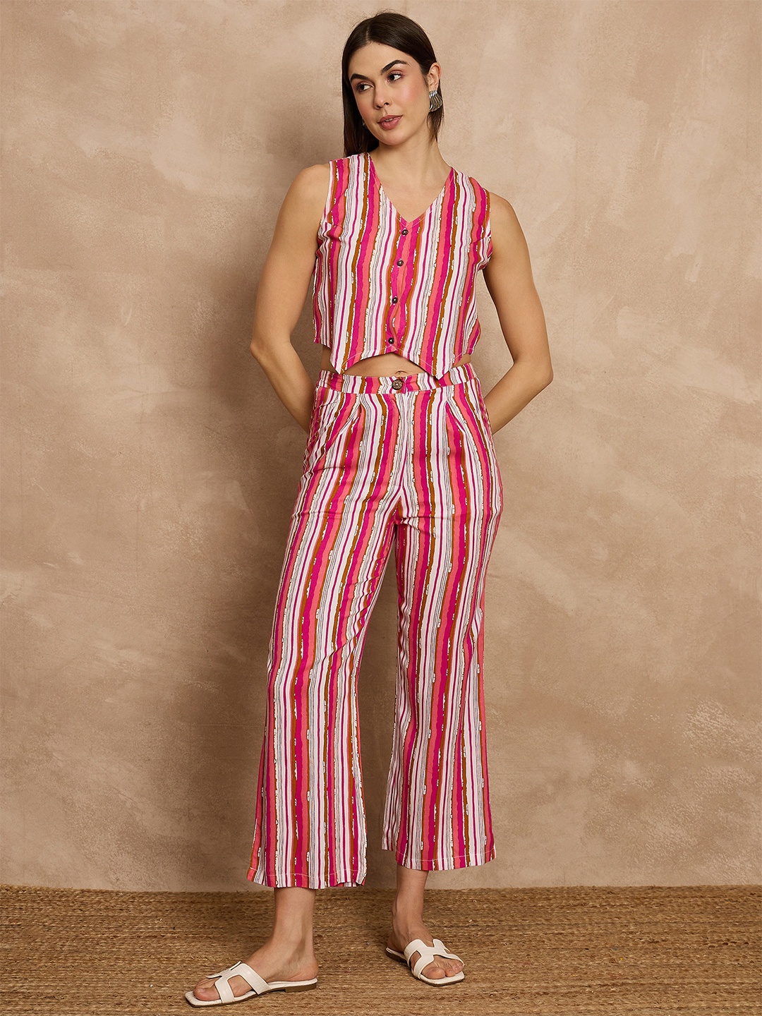 

all about you Striped V-Neck Sleeveless Waistcoat With Trouser, Pink