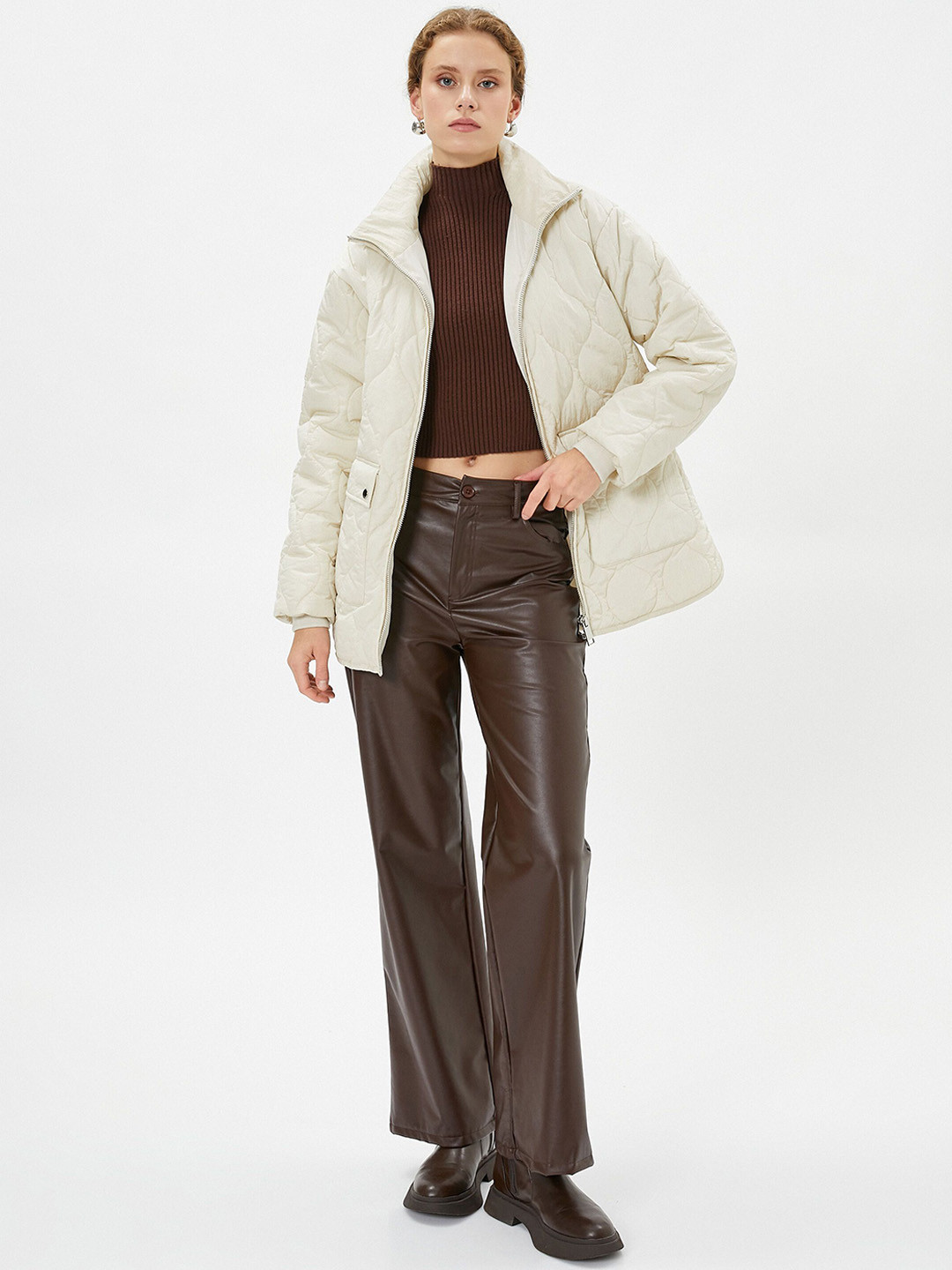 

Koton Women Mock Collar Solid Casual Quilted Jacket, Cream