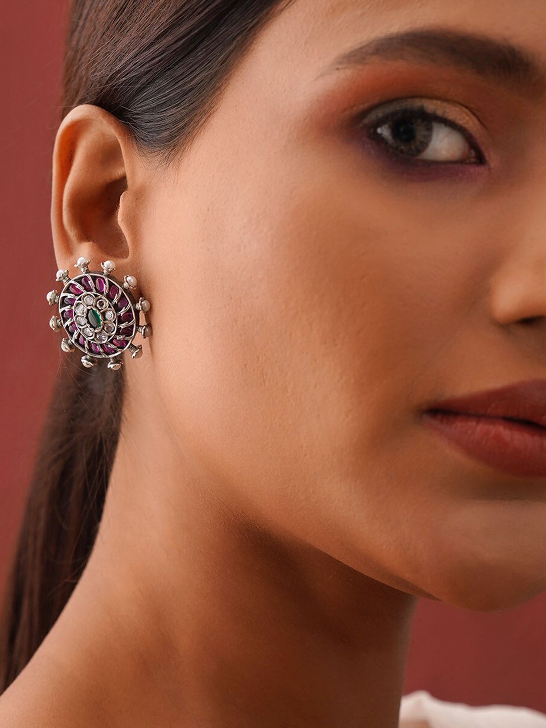 

JAYPORE Contemporary Oxidised Stone Studs Earrings, Silver
