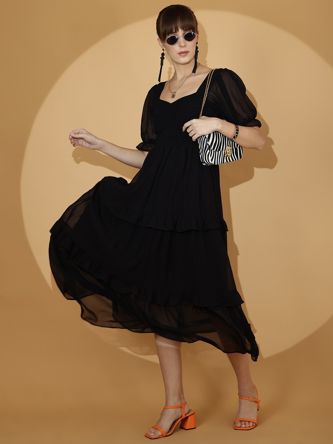 

SHEETAL Associates Women Puff Sleeve Fit & Flare Midi Dress, Black