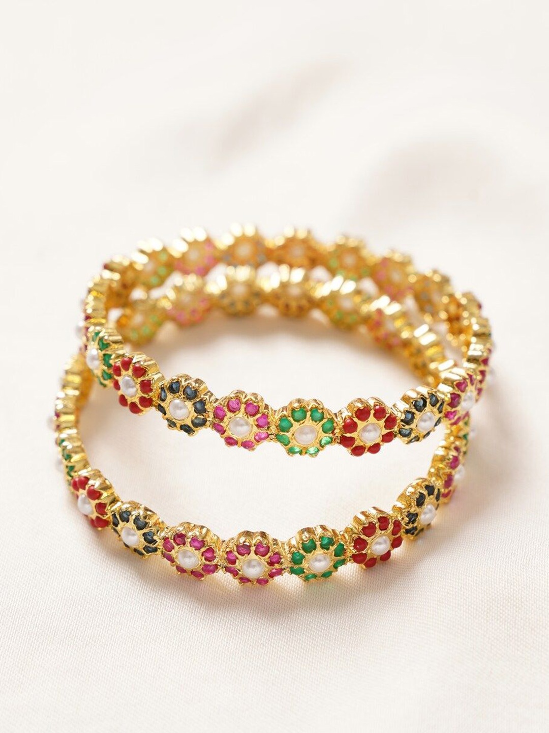 

JAYPORE Pack Of 2 Brass Artificial Stone Studded Bangles, Gold