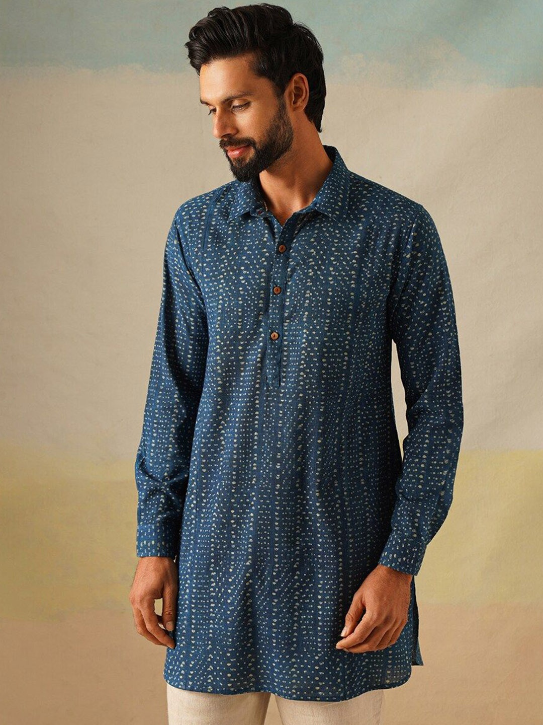 

JAYPORE Abstract Printed Shirt Collar Pure Cotton Straight Kurta, Blue
