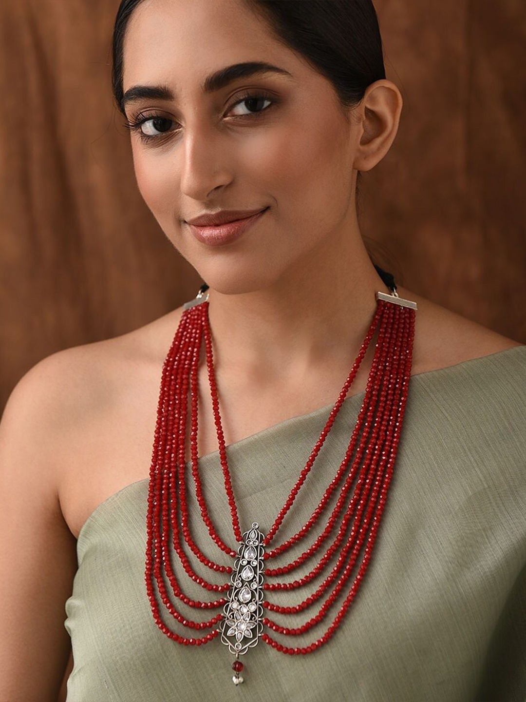 

JAYPORE Brass Layered Stone Stud Necklace, Silver