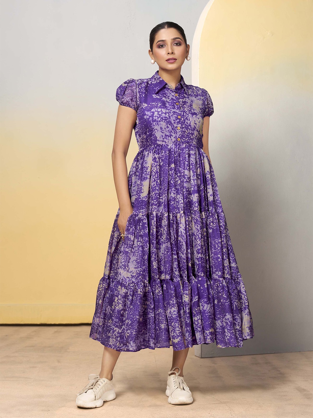 

MADHAVPRIYA Floral Print Puff Sleeve Fit & Flare Midi Dress, Purple