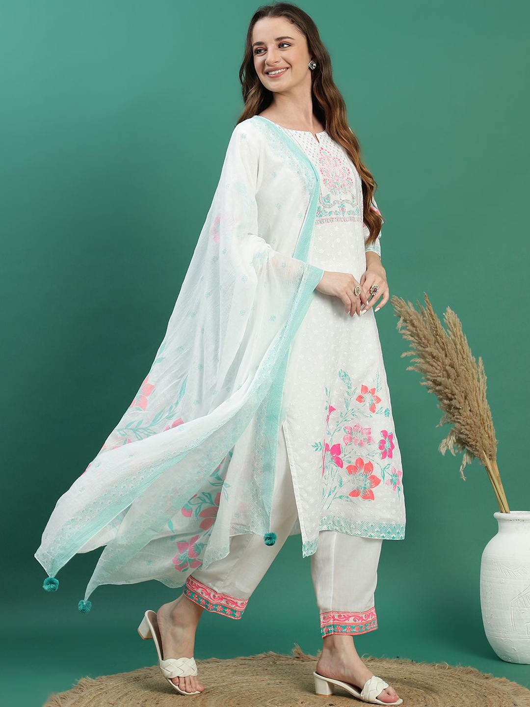 

Sangria White Floral Printed Thread Work Pure Cotton Kurta With Trousers & Dupatta