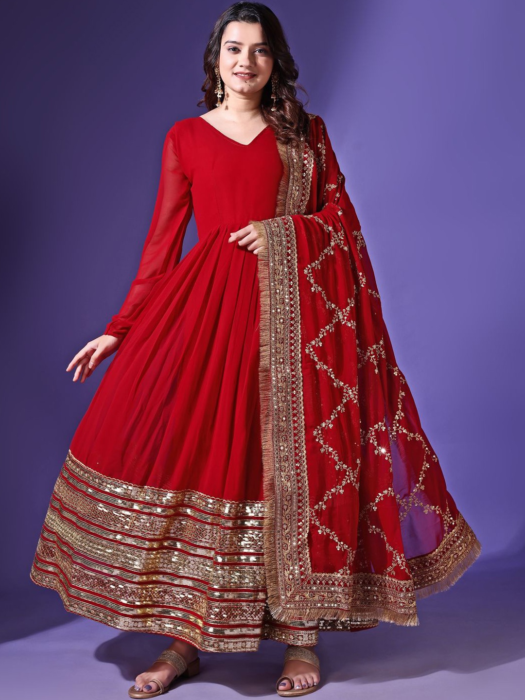 

KALINI Women V-Neck Long Sleeves Embroidered Fit & Flare Ethnic Dresses With Dupatta, Maroon