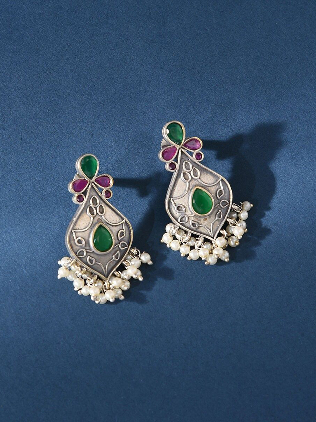 

JAYPORE Silver-Plated Stone Studded Contemporary Drop Earrings