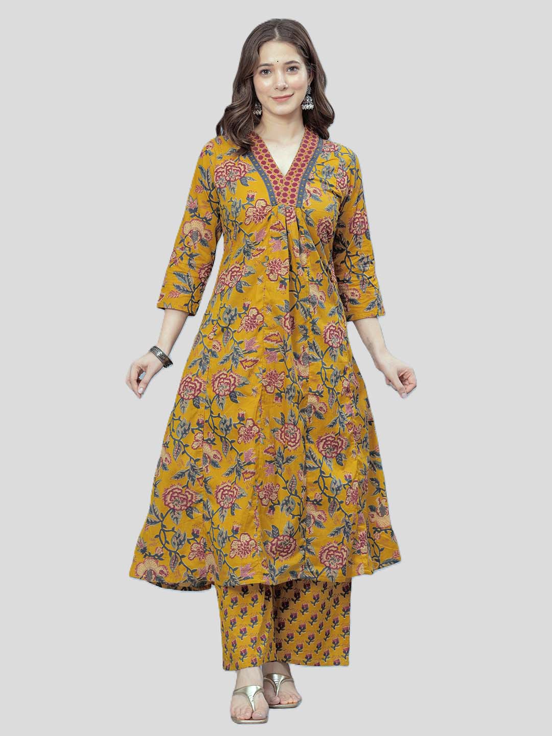 

Arayna Floral Printed V-Neck Pure Cotton A-Line Kurta with Palazzo & Dupatta, Mustard
