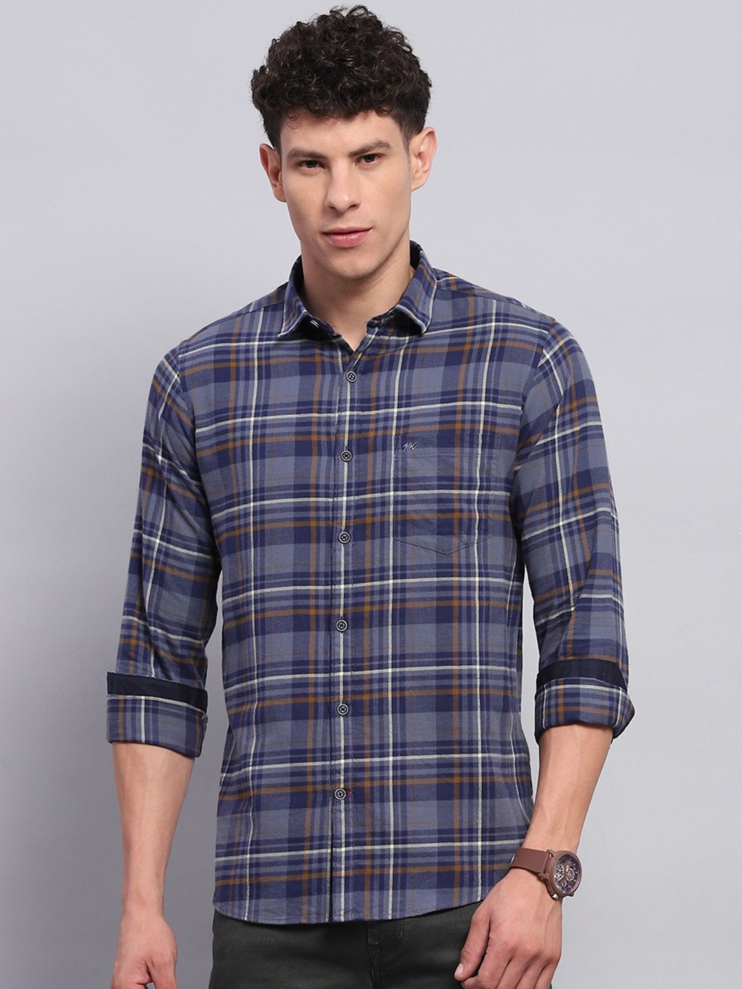 

Monte Carlo Men Spread Collar Tartan Checked Cotton Casual Shirt, Blue