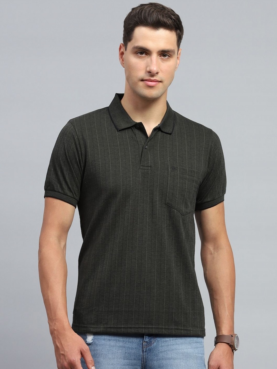 

Monte Carlo Men Striped Polo Collar Cotton T-shirt, Charcoal