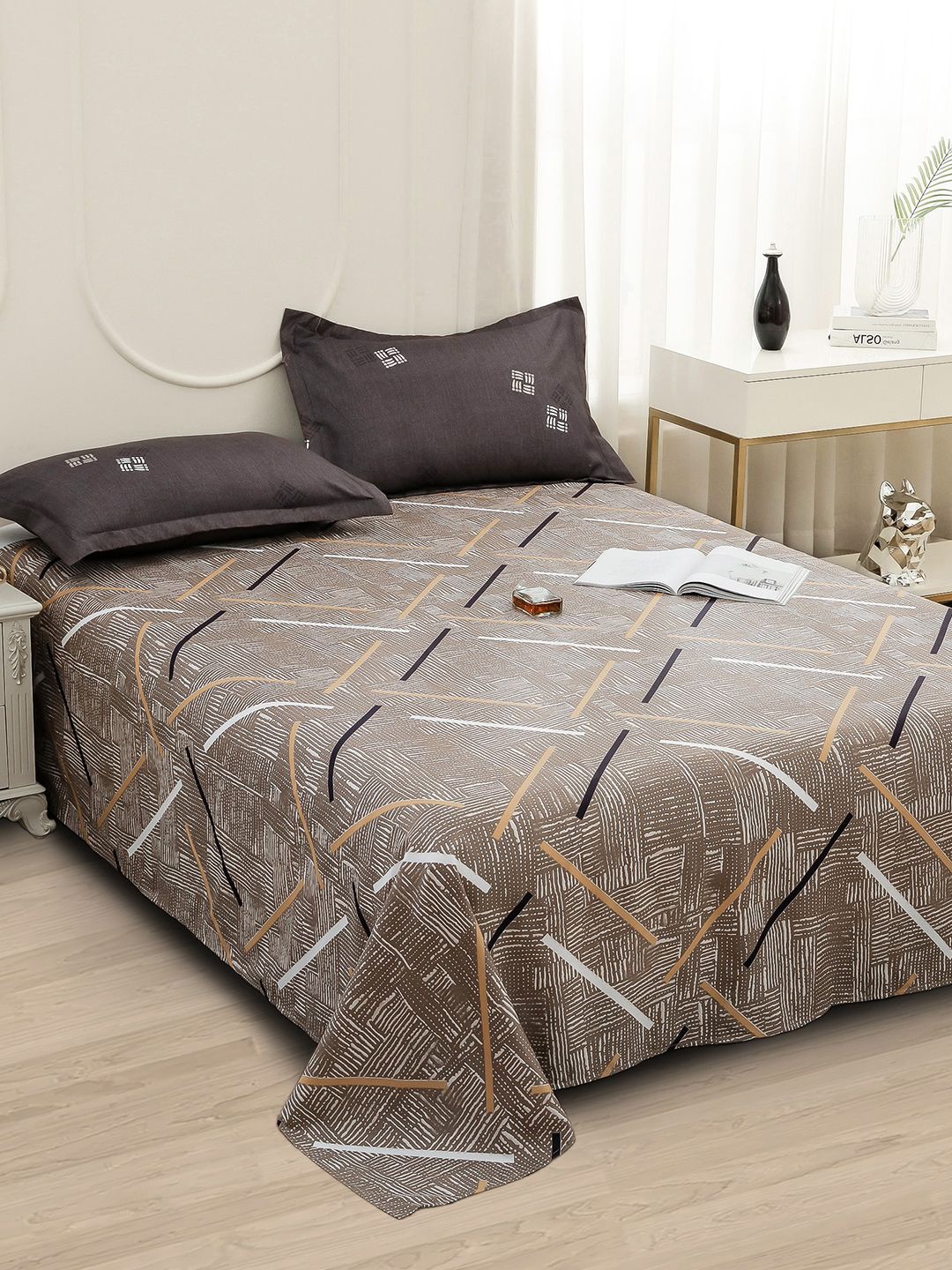 

Story@home Coffee Brown Abstract Printed 240 TC Satin Finish Queen Bedsheet Set