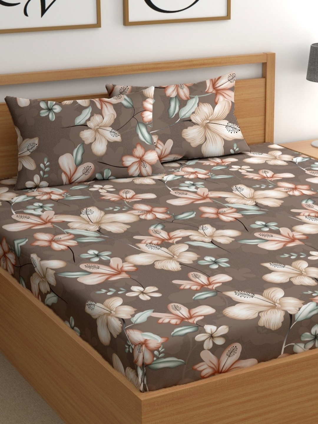 

CHHAVI INDIA Brown Floral Printed Microfiber 210 TC Queen Bedsheet Set 2.5 m x 2.25 m