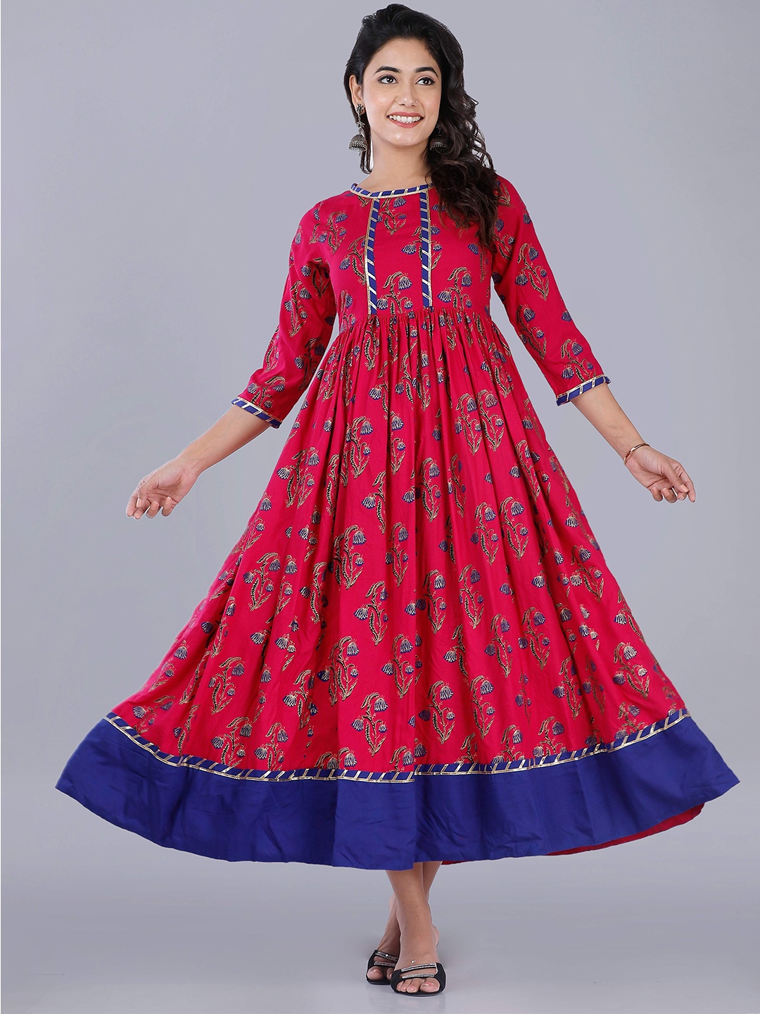 

Sajke Floral Printed Round Neck Anarkali Ethnic Dress, Red