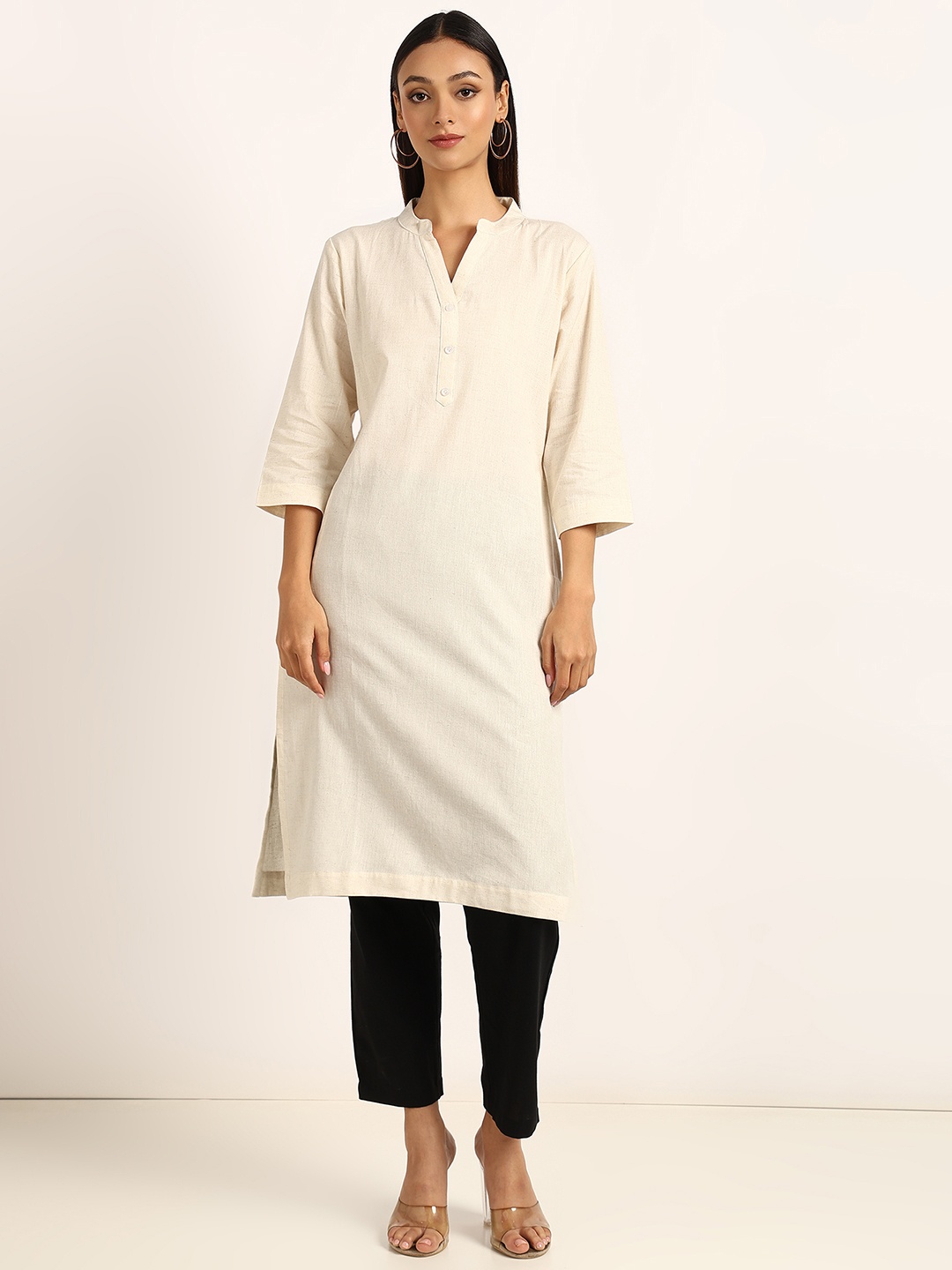 

BLOCKS OF INDIA Mandarin Collar Pure Cotton Straight Kurta, Off white