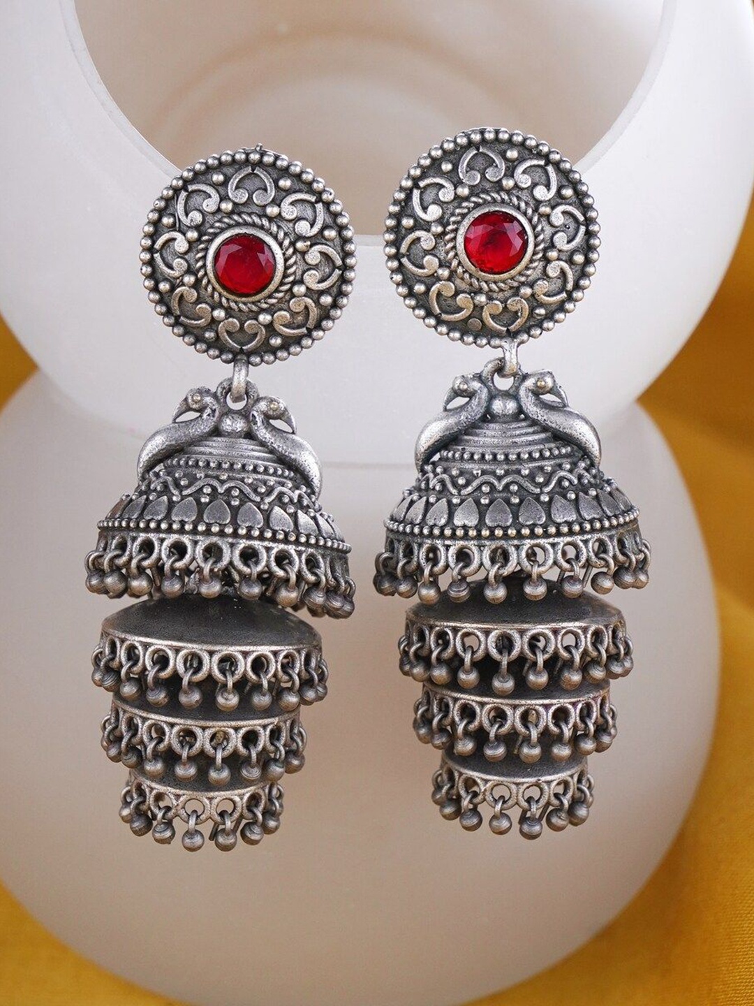 

JAYPORE Stone Studded Contemporary Jhumkas, Silver