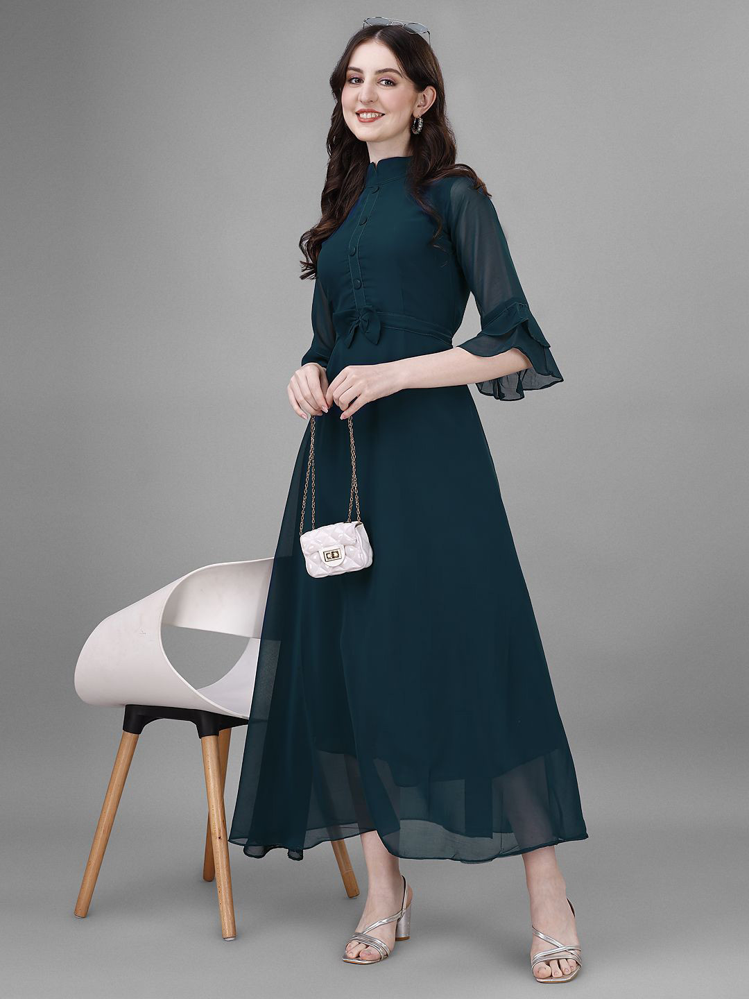 

Krunal Raiyani Women Flared Sleeve Applique Fit & Flare Maxi Dress, Blue