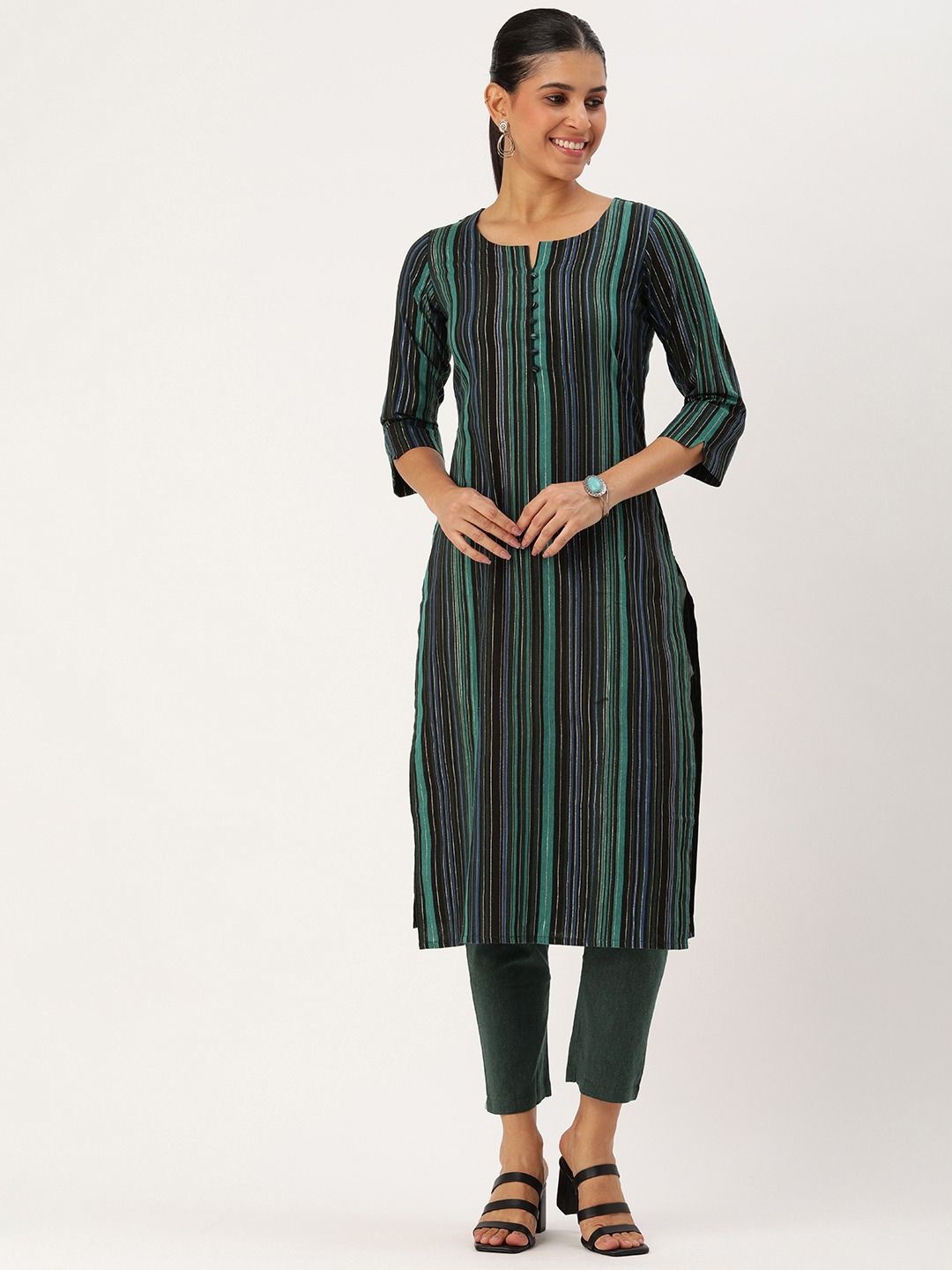 

KALINI Striped Straight Kurta with Trousers, Green