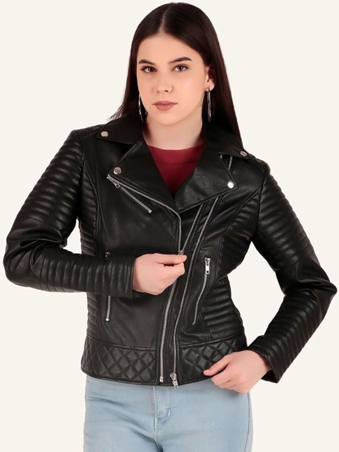 

Leather Retail Women Lapel Collar Solid Casual Biker Jacket, Black