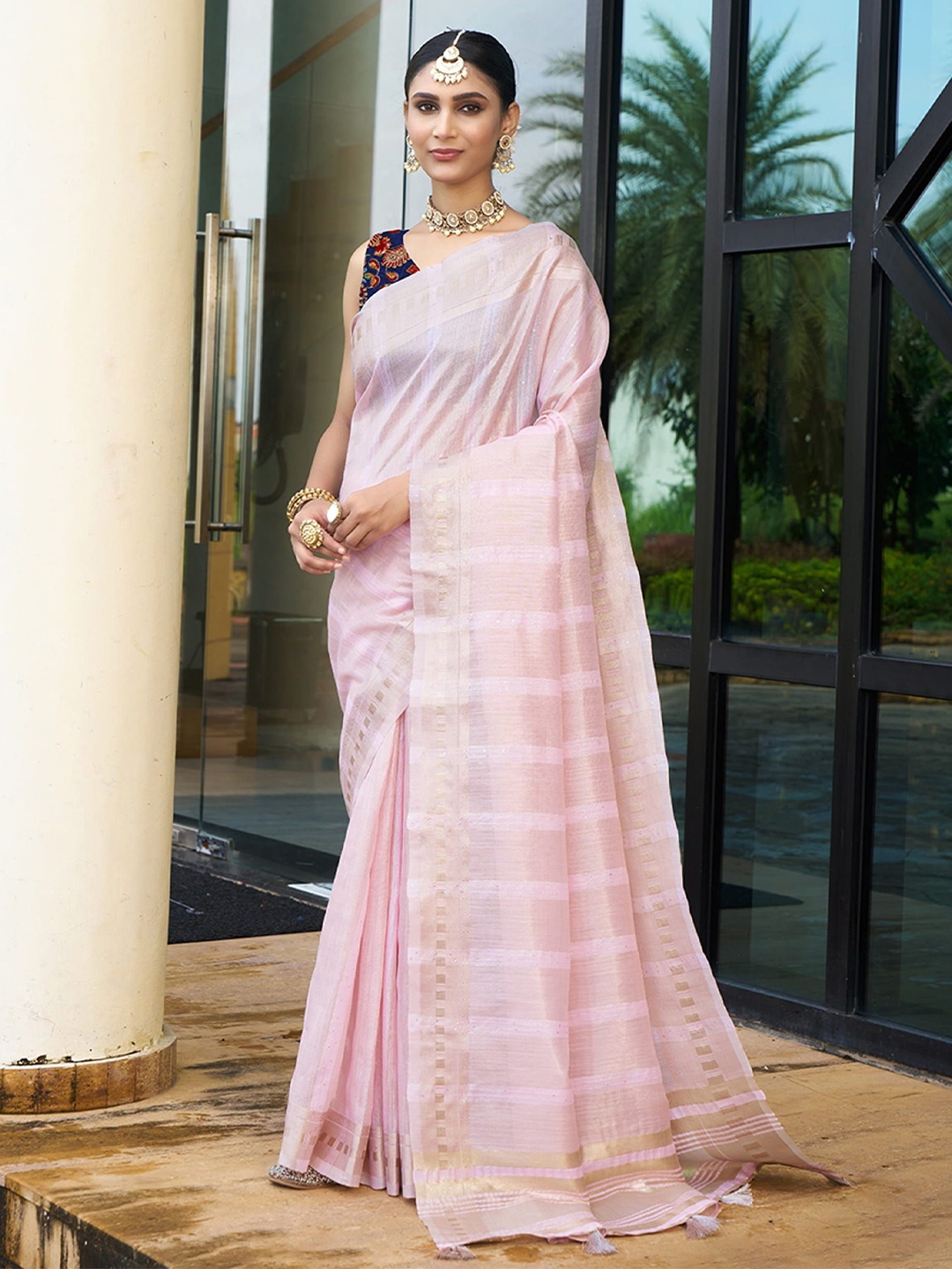 

KAYOMMI Striped Zari Jute Silk Bhagalpuri Sequence work Saree, Pink