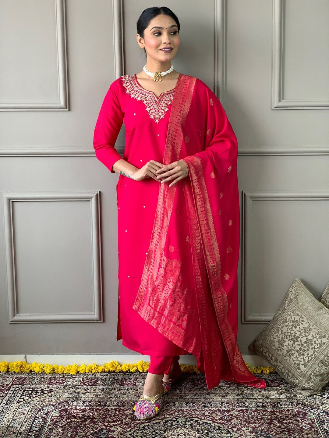 

ODETTE Floral Embroidered Thread Work Straight Kurta with Trousers & Dupatta, Red