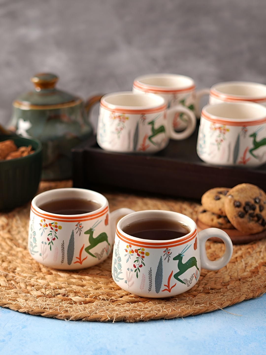 

Aura White & Green 6 Pieces Printed Ceramic Glossy Cups Set of Cups and Mugs 100 ml