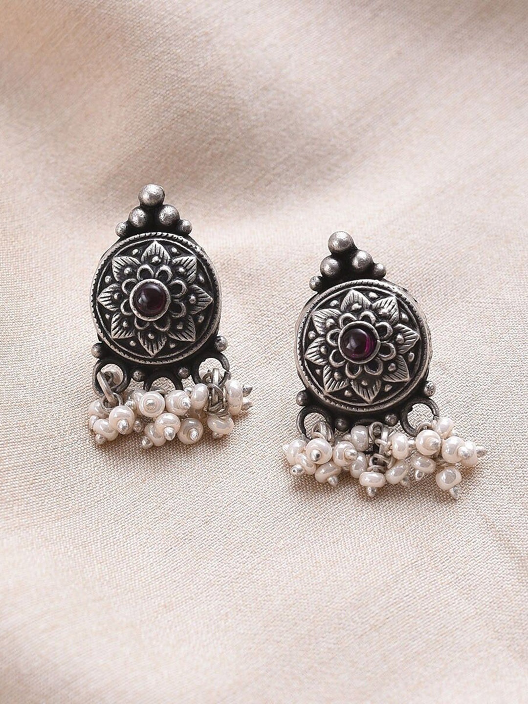 

JAYPORE Contemporary Beaded Jhumkas Earrings, Silver