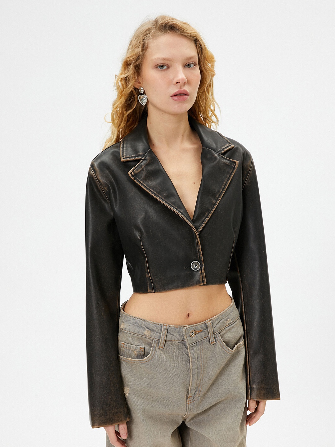 

Koton Women Lapel Collar Solid Casual Biker Jacket, Black