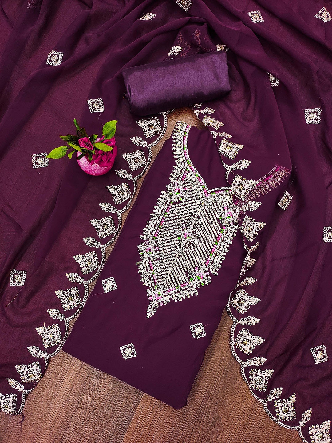 

Maroosh Ethnic Motifs Embroidered Silk Georgette Zari Unstitched Dress Material, Purple