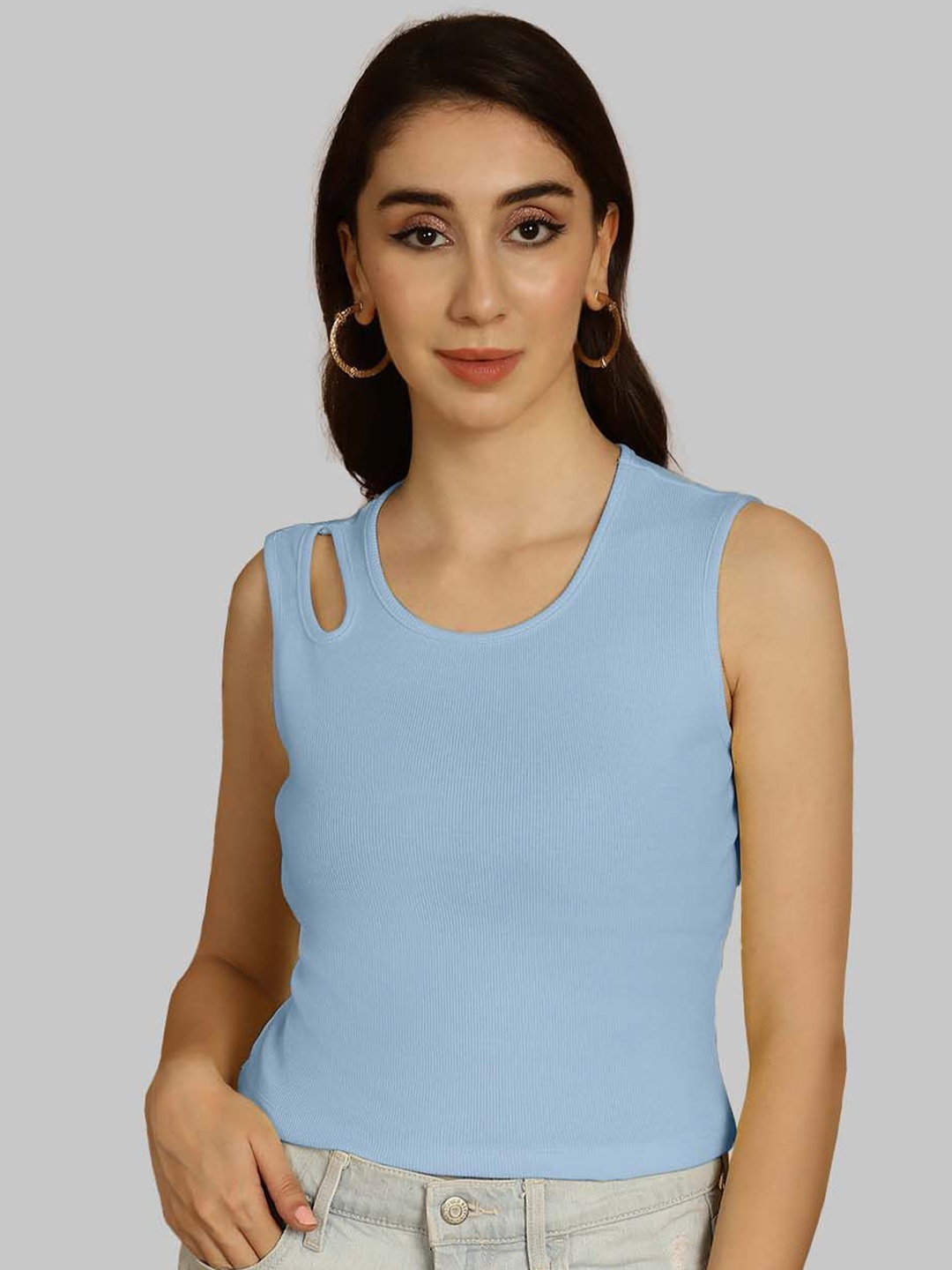 

Friskers Keyhole Neck Cotton Crop Top, Turquoise blue