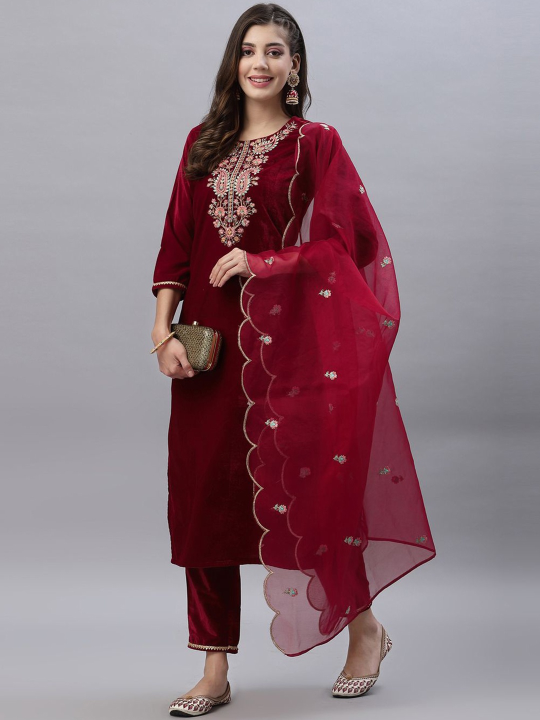 

KALINI Floral Yoke Design Thread Work Velvet Kurta with Trousers & Dupatta, Red