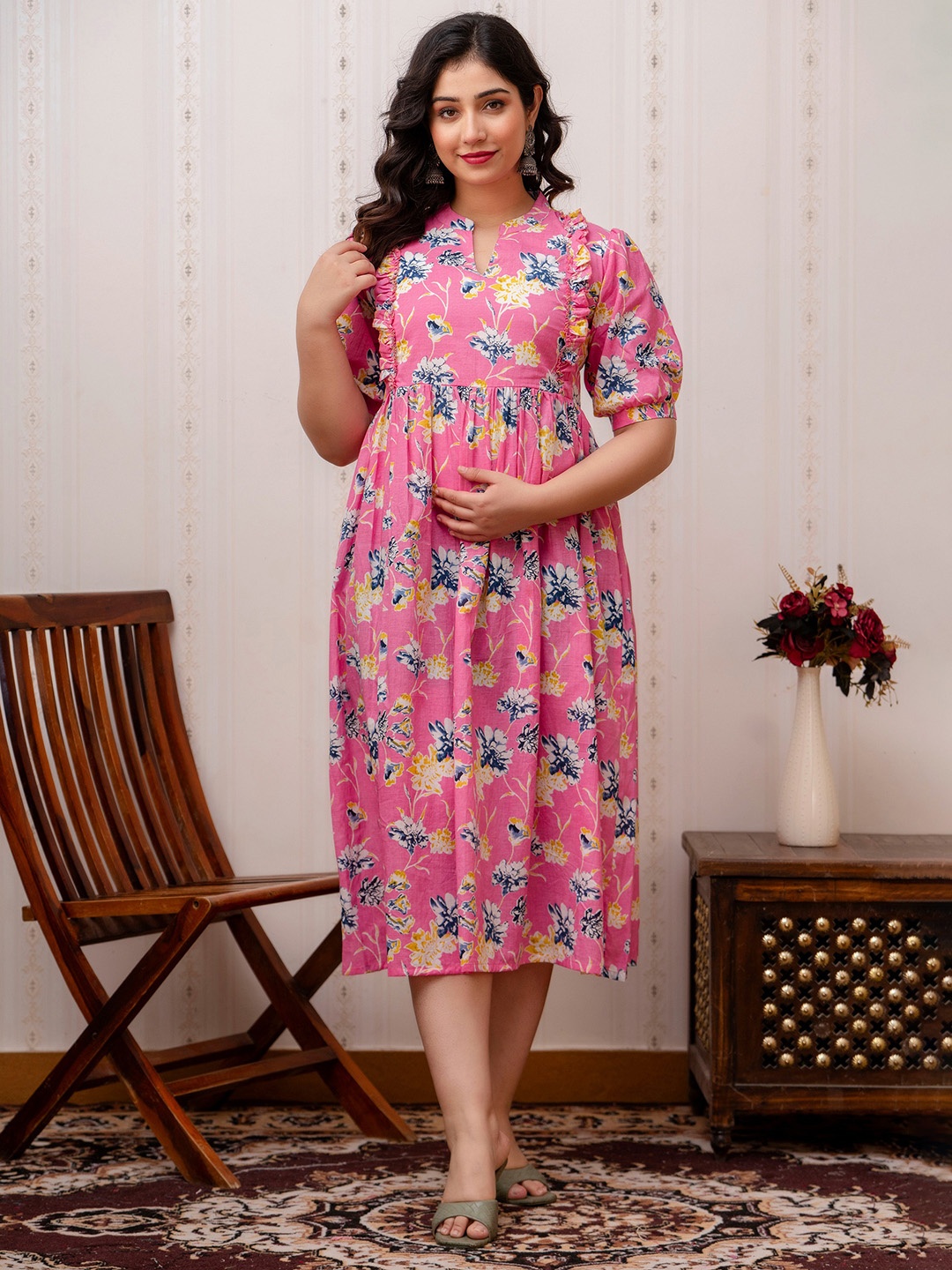 

CELEBRAVO Women Printed Pure Cotton Fit and Flared Maternity Dress, Pink