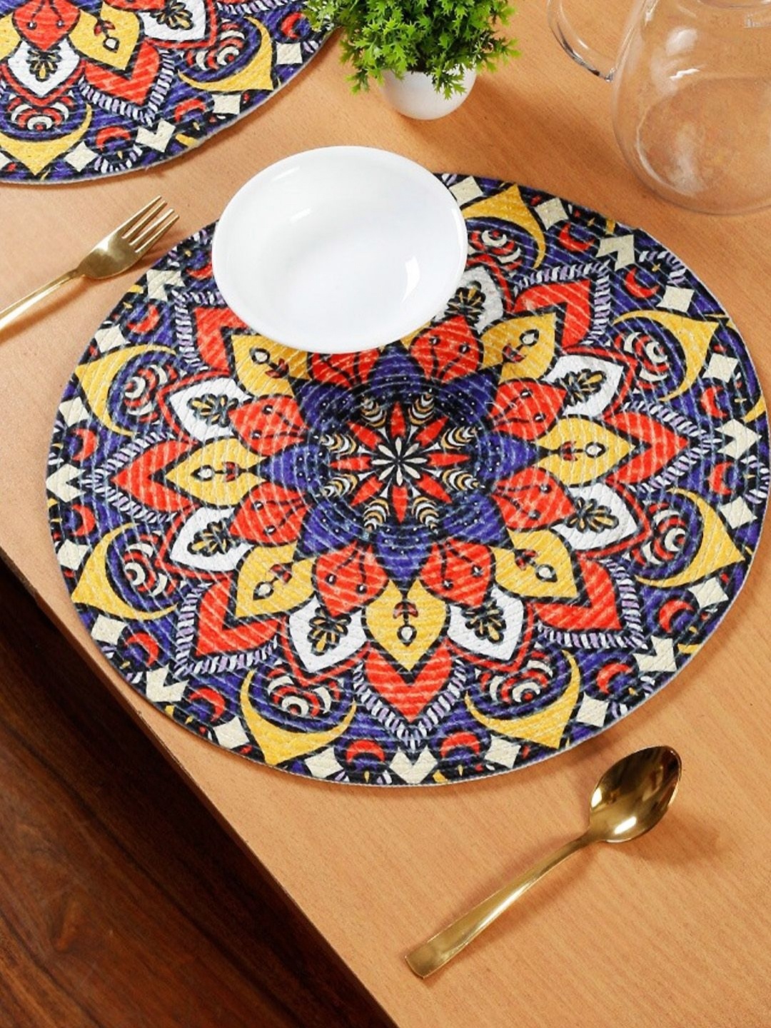 

ANA 2-Pcs Red & Blue Floral Printed Round Table Placemats