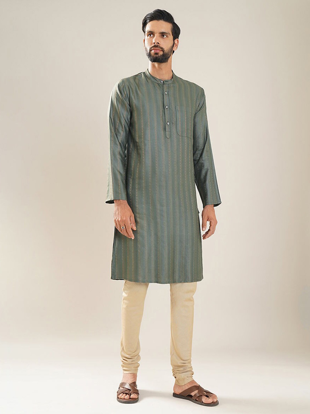 

JAYPORE Striped Woven Design Band Collar Straight Kurta, Olive