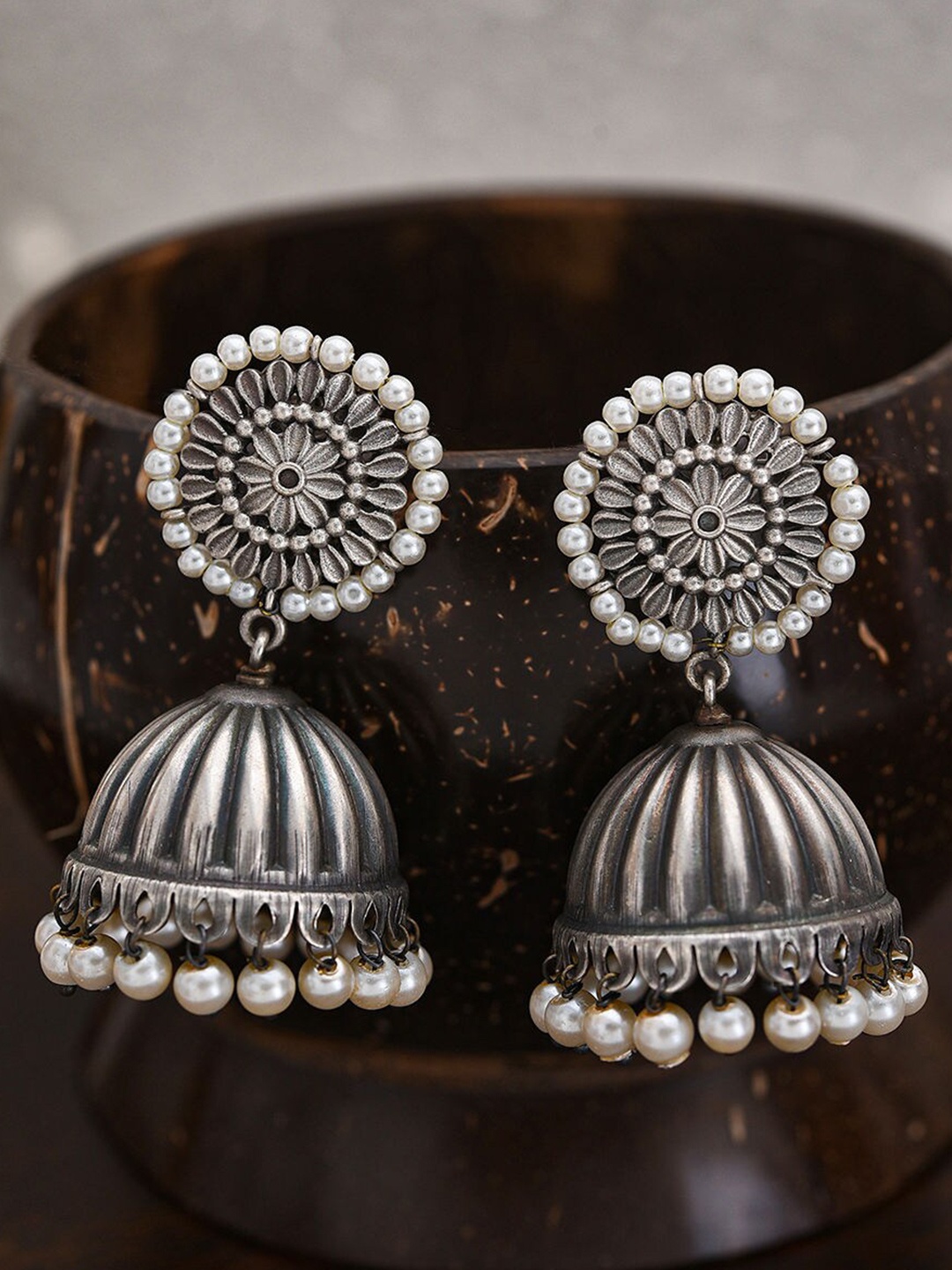 

JAYPORE Silver-Plated Stone Studded Oxidised Dome Shaped Jhumkas