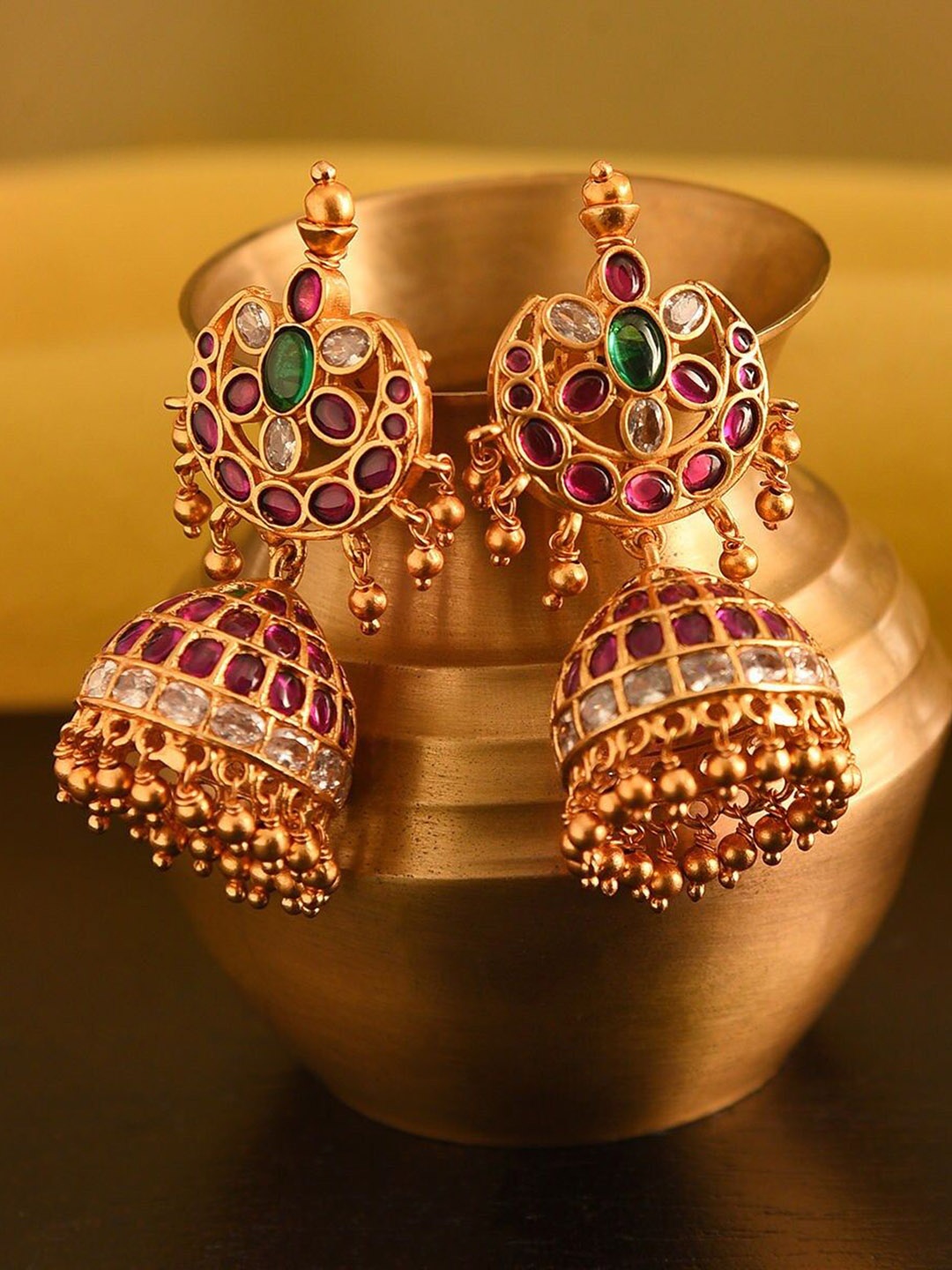 

JAYPORE Dome Shaped Stone Stud Jhumkas Earrings, Gold