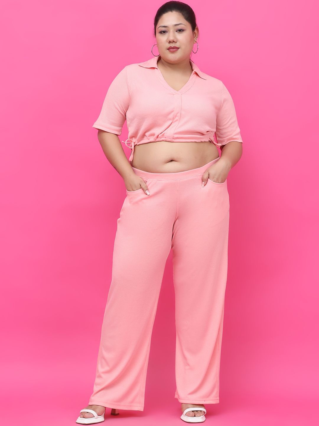 

theRebelinme Pure Cotton Short Sleeves Crop Top With Trouser, Pink