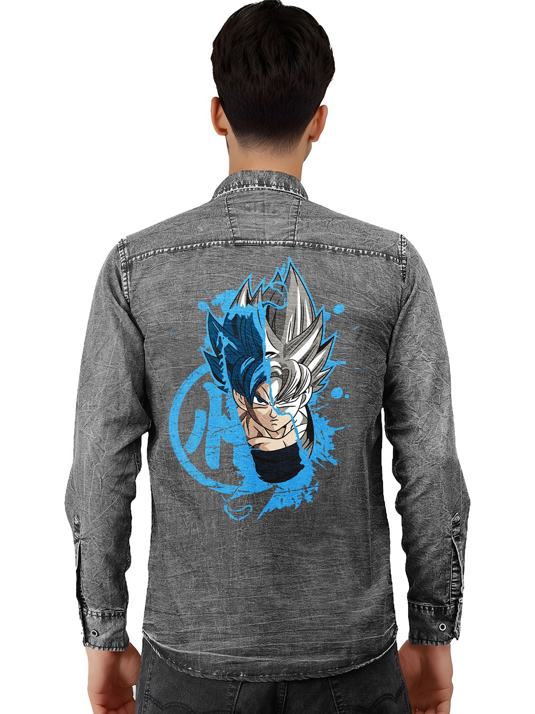 

fanideaz Men Classic Spread Collar Dragon Ball Z Graphic Printed Denim Casual Shirt, Charcoal