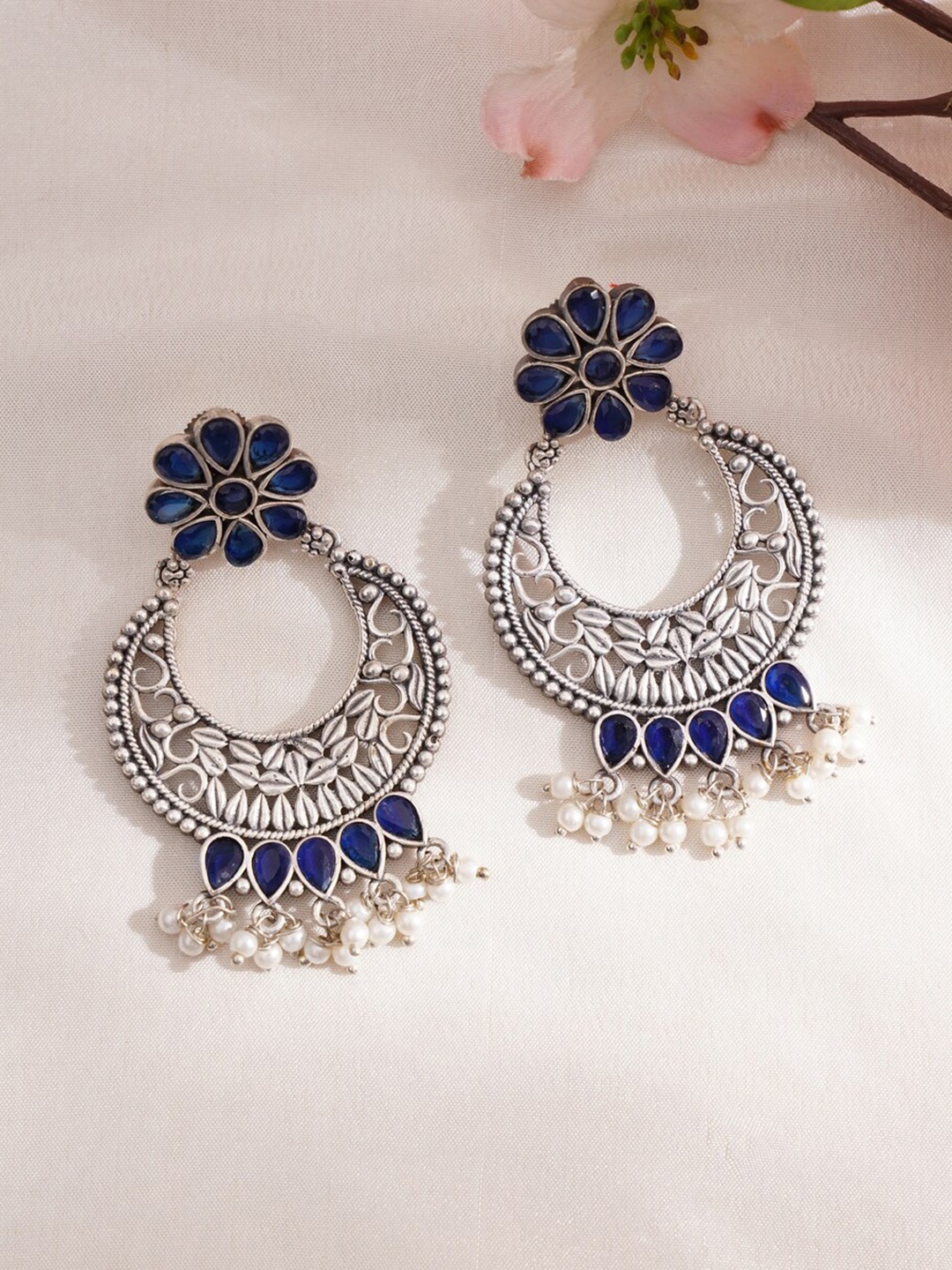 

JAYPORE Stone Studded Contemporary Oxidised Drop Earrings, Blue